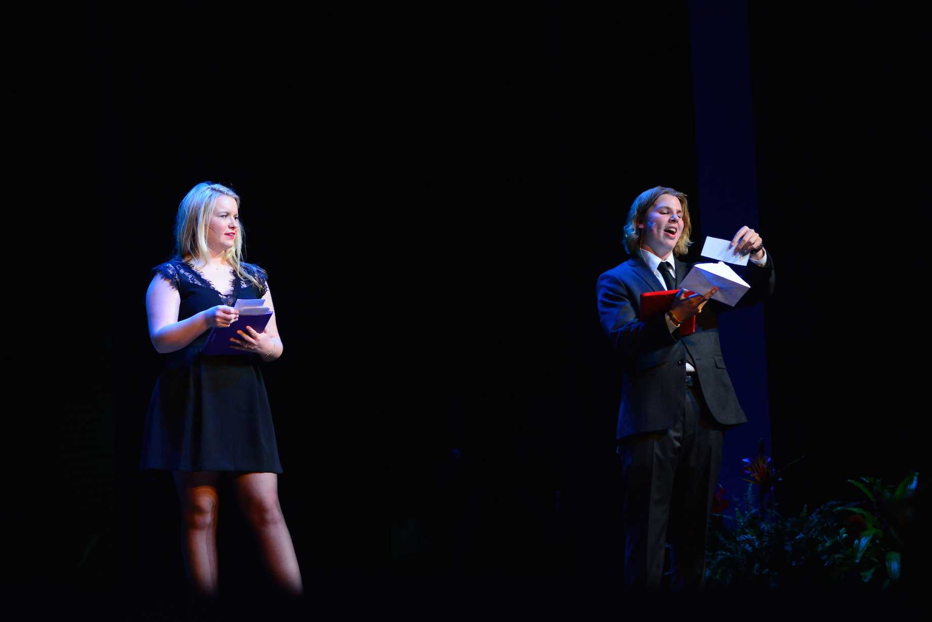 (photo courtesy of Mr. Hubert Worley) Trey Box and Brooke McCulley read out the winners of awards